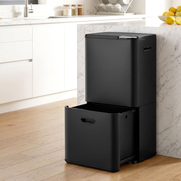 Cefito 63L Rubbish Bin 3 Compartment Carbon Steel Split Door Trash Can Black Cefito