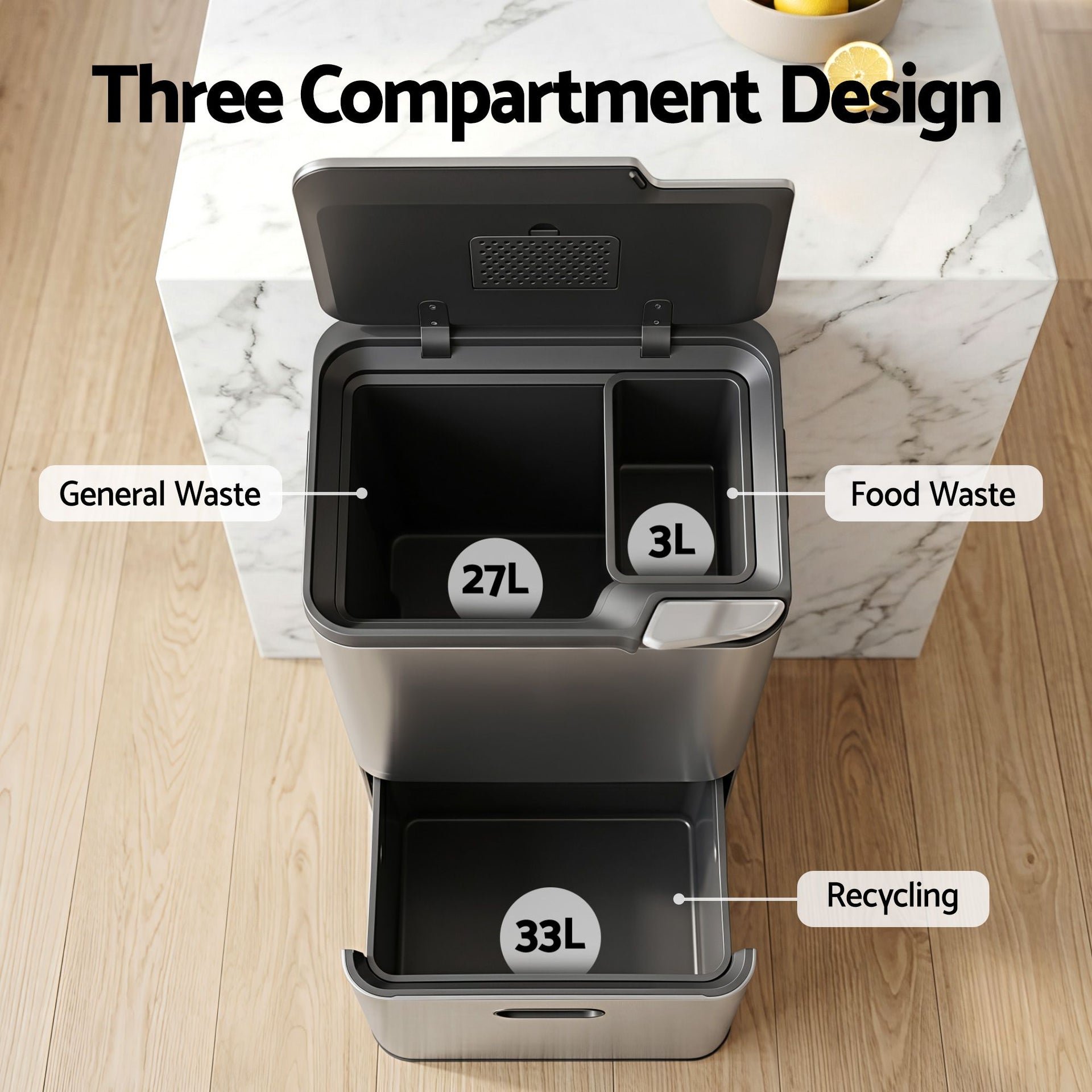 Cefito 63L Rubbish Bin 3 Compartment Stainless Steel Split Door Trash Can Silver Cefito