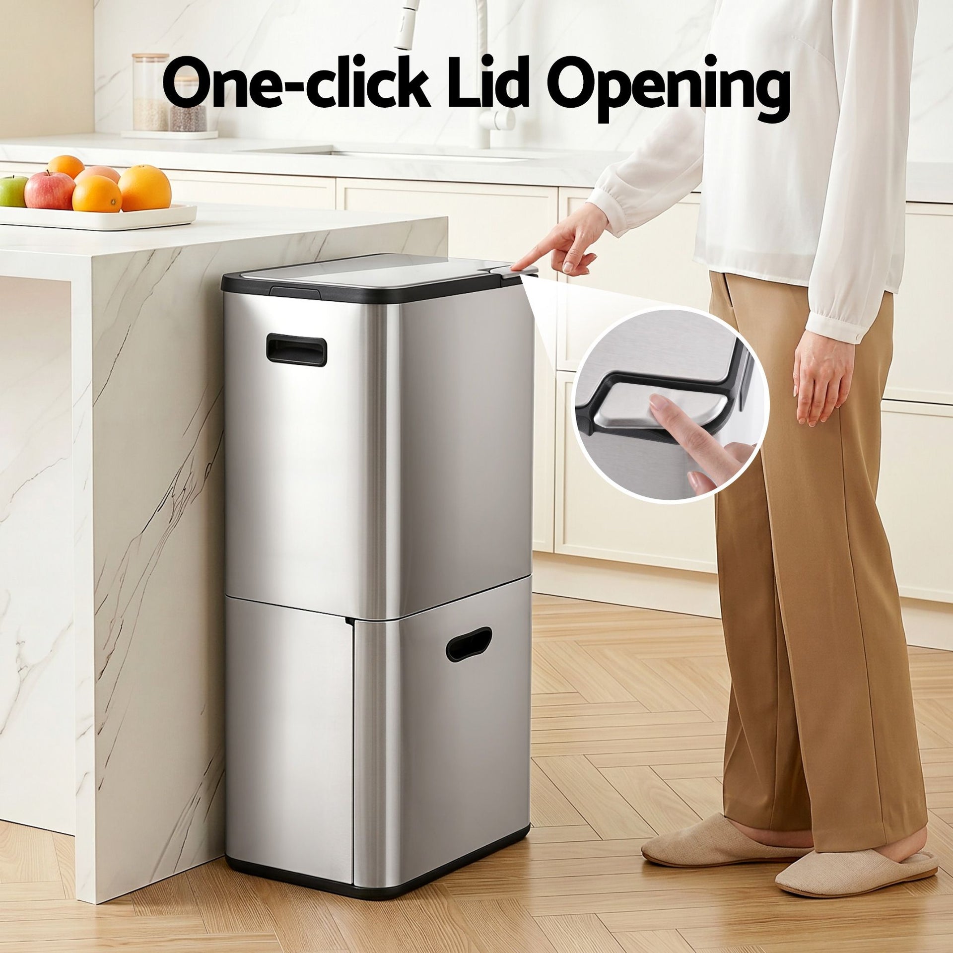 Cefito 63L Rubbish Bin 3 Compartment Stainless Steel Split Door Trash Can Silver Cefito