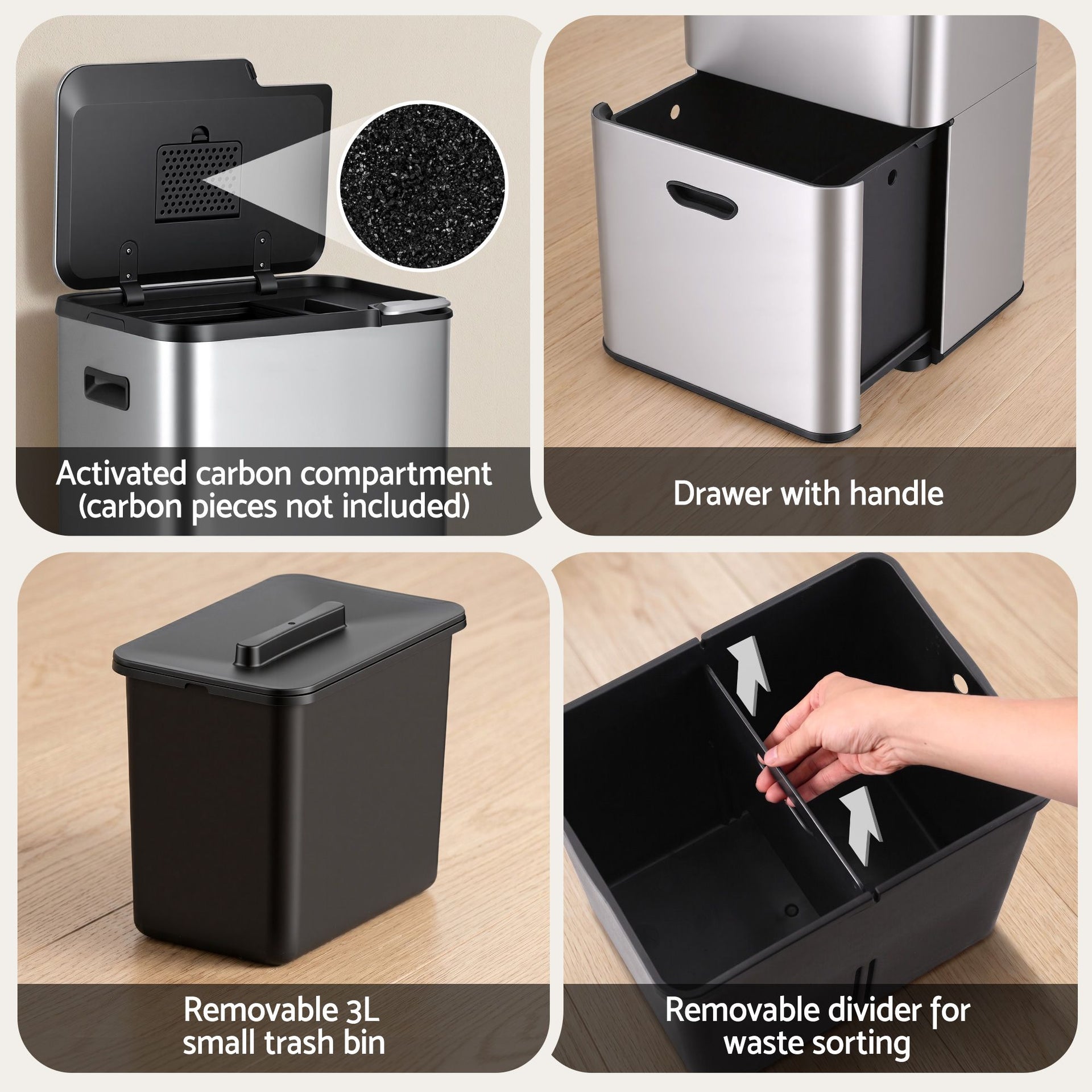 Cefito 63L Rubbish Bin 3 Compartment Stainless Steel Split Door Trash Can Silver Cefito