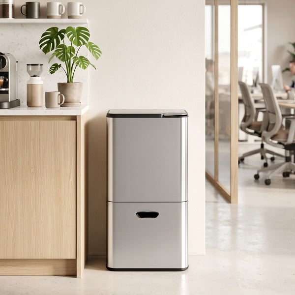 Cefito 63L Rubbish Bin 3 Compartment Stainless Steel Split Door Trash Can Silver Cefito