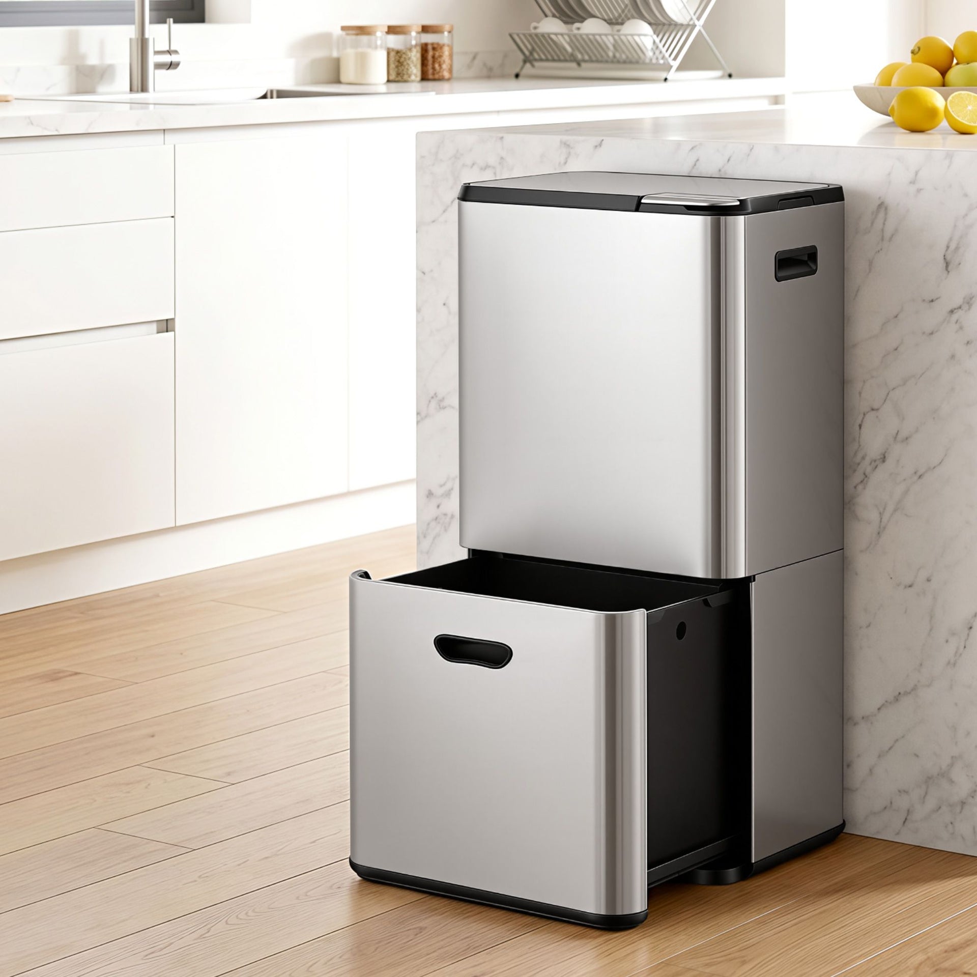 Cefito 63L Rubbish Bin 3 Compartment Stainless Steel Split Door Trash Can Silver Cefito