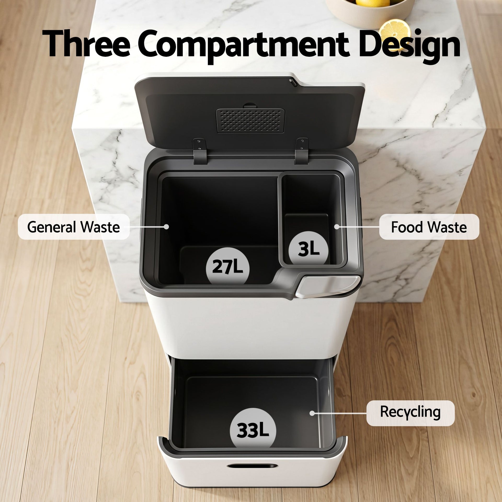 Cefito 63L Rubbish Bin 3 Compartment Carbon Steel Split Door Trash Can White Cefito
