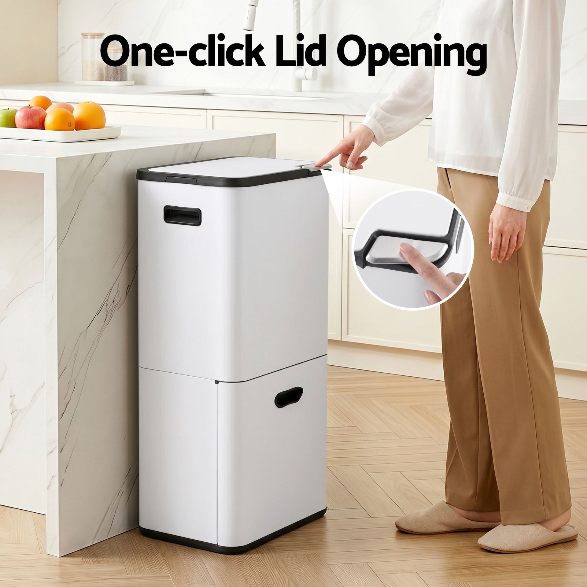 Cefito 63L Rubbish Bin 3 Compartment Carbon Steel Split Door Trash Can White Cefito