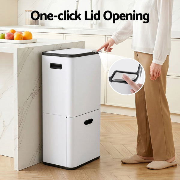 Cefito 63L Rubbish Bin 3 Compartment Carbon Steel Split Door Trash Can White Cefito
