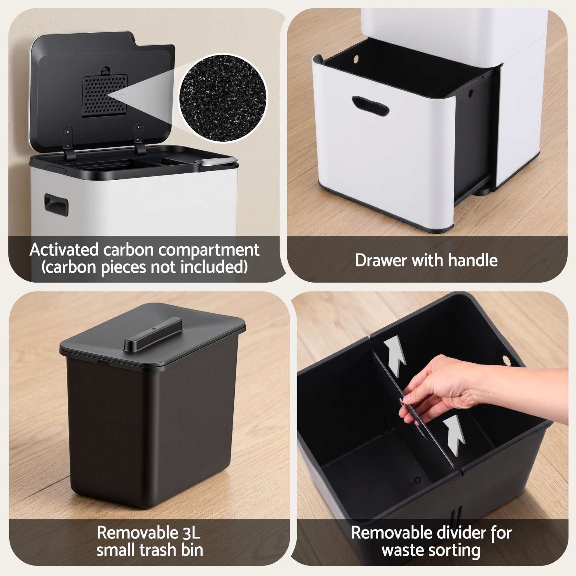 Cefito 63L Rubbish Bin 3 Compartment Carbon Steel Split Door Trash Can White Cefito