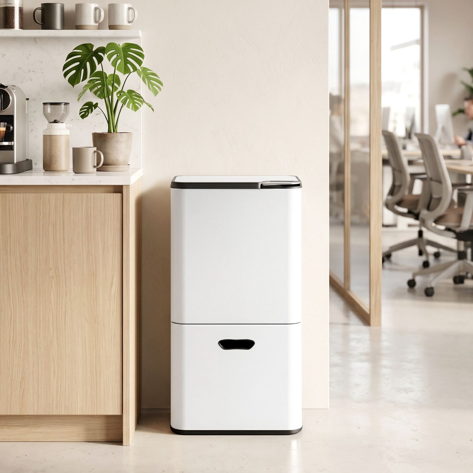 Cefito 63L Rubbish Bin 3 Compartment Carbon Steel Split Door Trash Can White Cefito