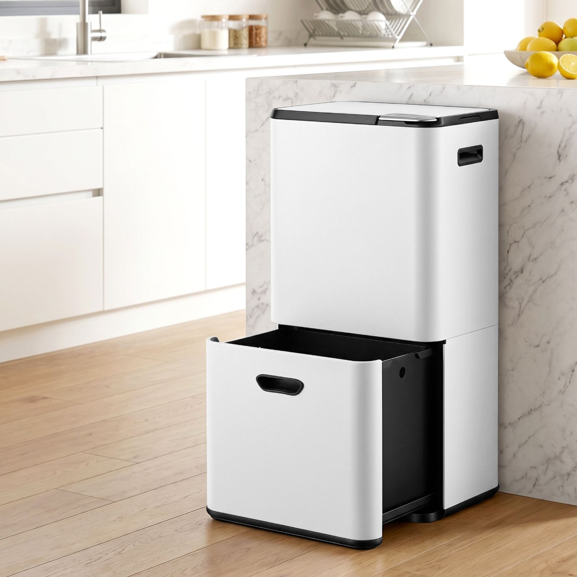 Cefito 63L Rubbish Bin 3 Compartment Carbon Steel Split Door Trash Can White Cefito