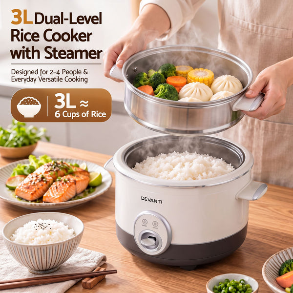 Devanti 3L Rice Cooker Small 6 Cup Multi Cooker with Steamer Awezingly