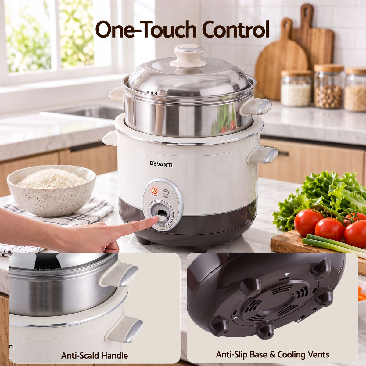 Devanti 3L Rice Cooker Small 6 Cup Multi Cooker with Steamer Awezingly