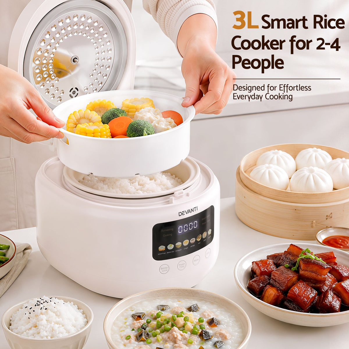Devanti 3L Rice Cooker Small 6 Cup 8-in-1 Multi Cooker with 24H Preset Off-White Awezingly