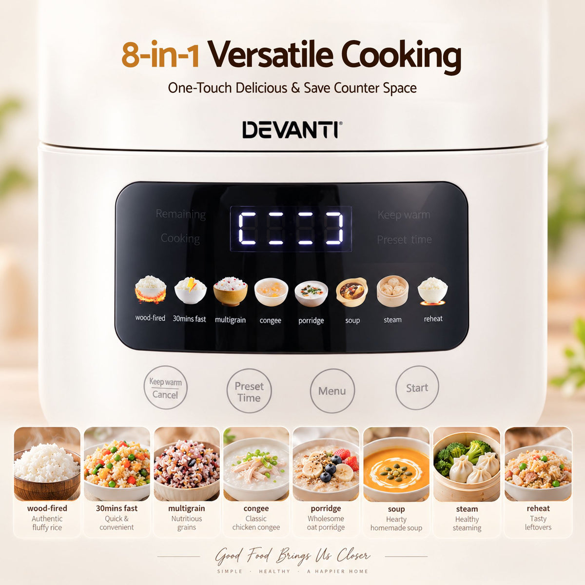 Devanti 3L Rice Cooker Small 6 Cup 8-in-1 Multi Cooker with 24H Preset Off-White Awezingly