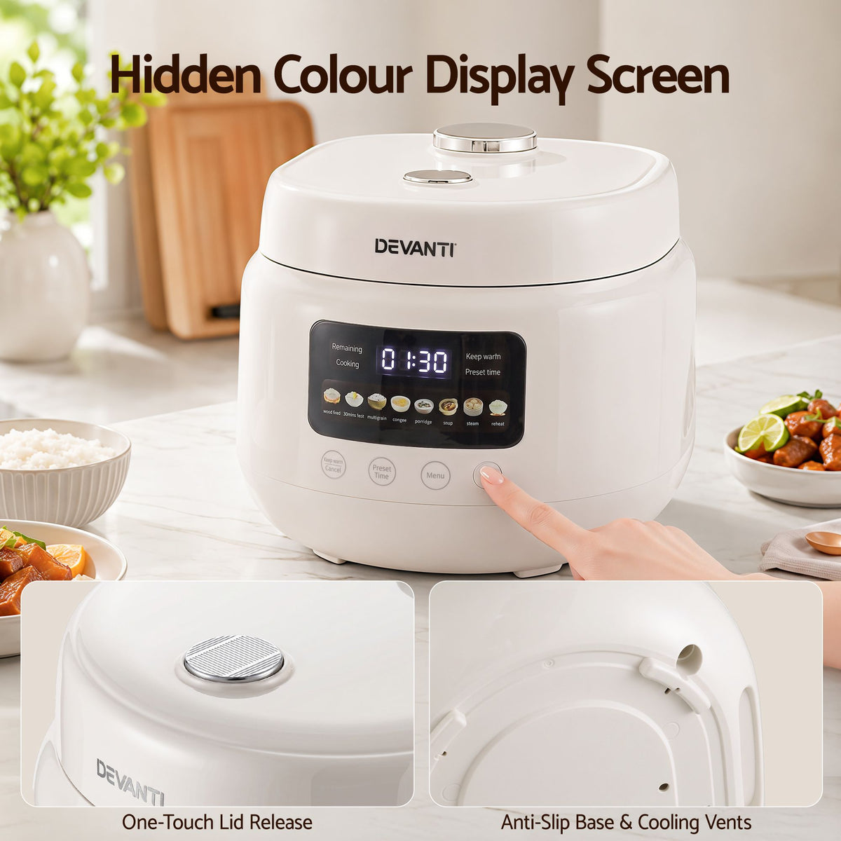 Devanti 3L Rice Cooker Small 6 Cup 8-in-1 Multi Cooker with 24H Preset Off-White Awezingly