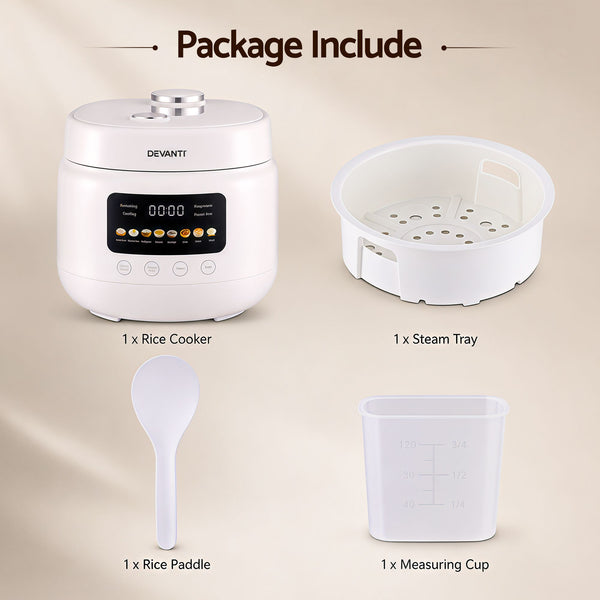 Devanti 3L Rice Cooker Small 6 Cup 8-in-1 Multi Cooker with 24H Preset Off-White Awezingly