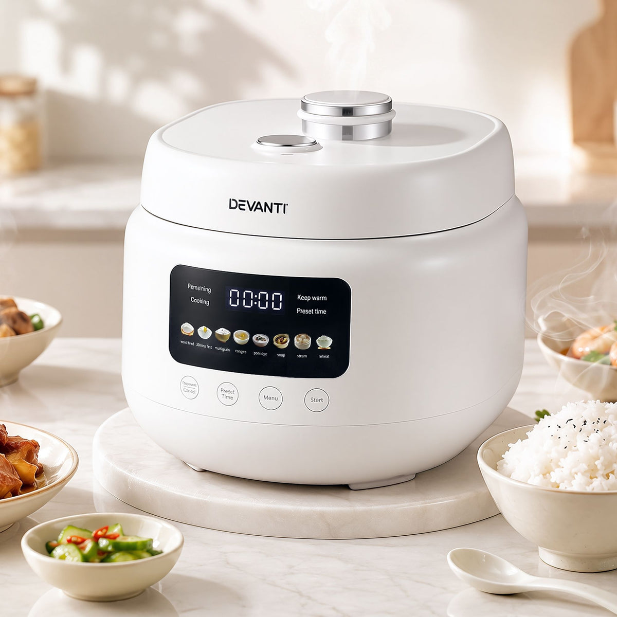 Devanti 3L Rice Cooker Small 6 Cup 8-in-1 Multi Cooker with 24H Preset Off-White Awezingly