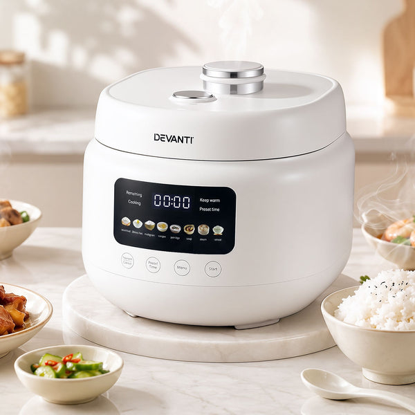 Devanti 3L Rice Cooker Small 6 Cup 8-in-1 Multi Cooker with 24H Preset Off-White Awezingly