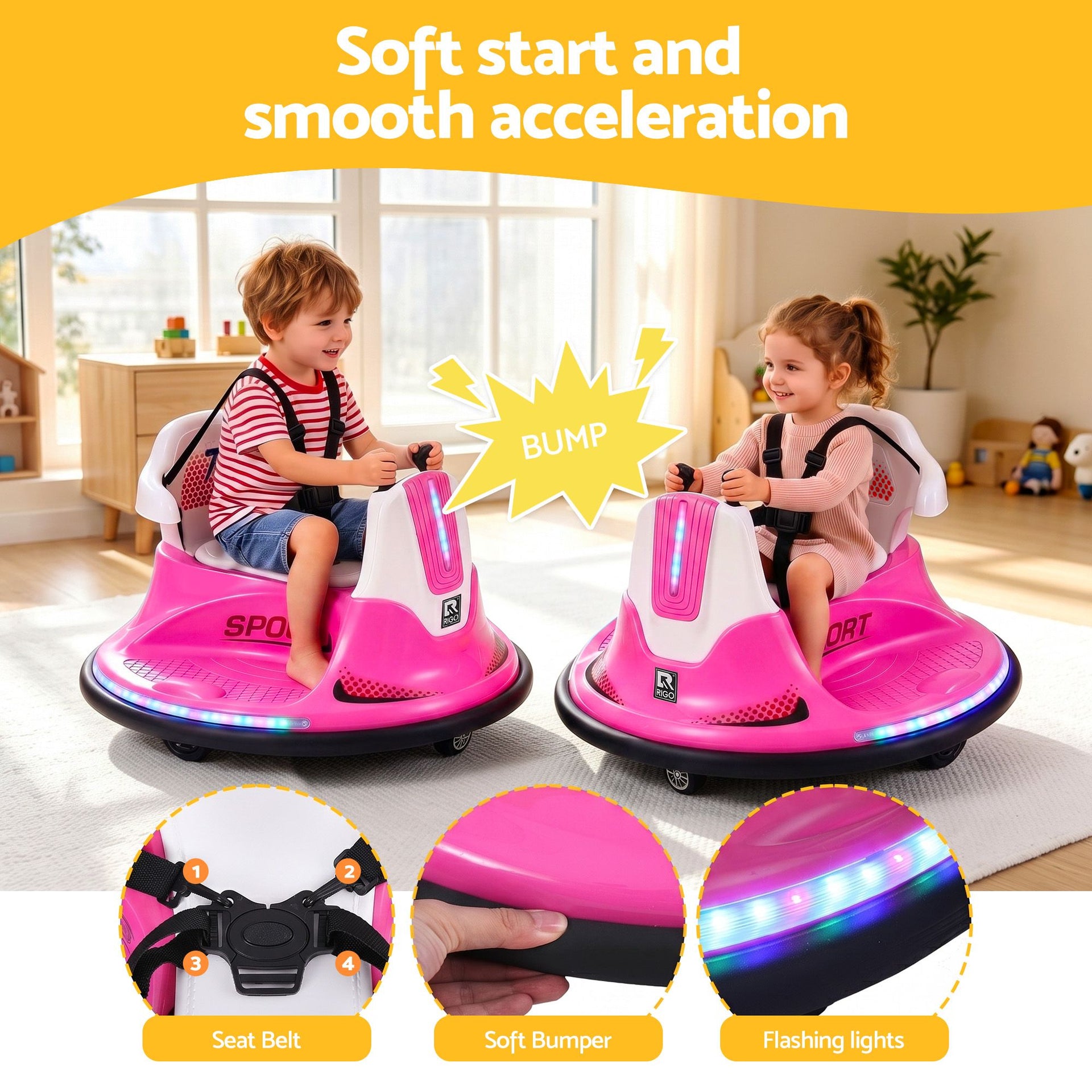 Rigo Ride on Cars Kids Bumper 12V Ride on Toy Toddler Remote Control Pink Awezingly