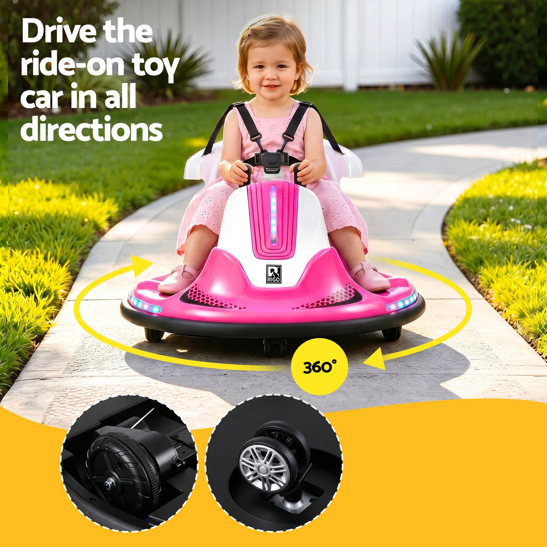 Rigo Ride on Cars Kids Bumper 12V Ride on Toy Toddler Remote Control Pink Awezingly