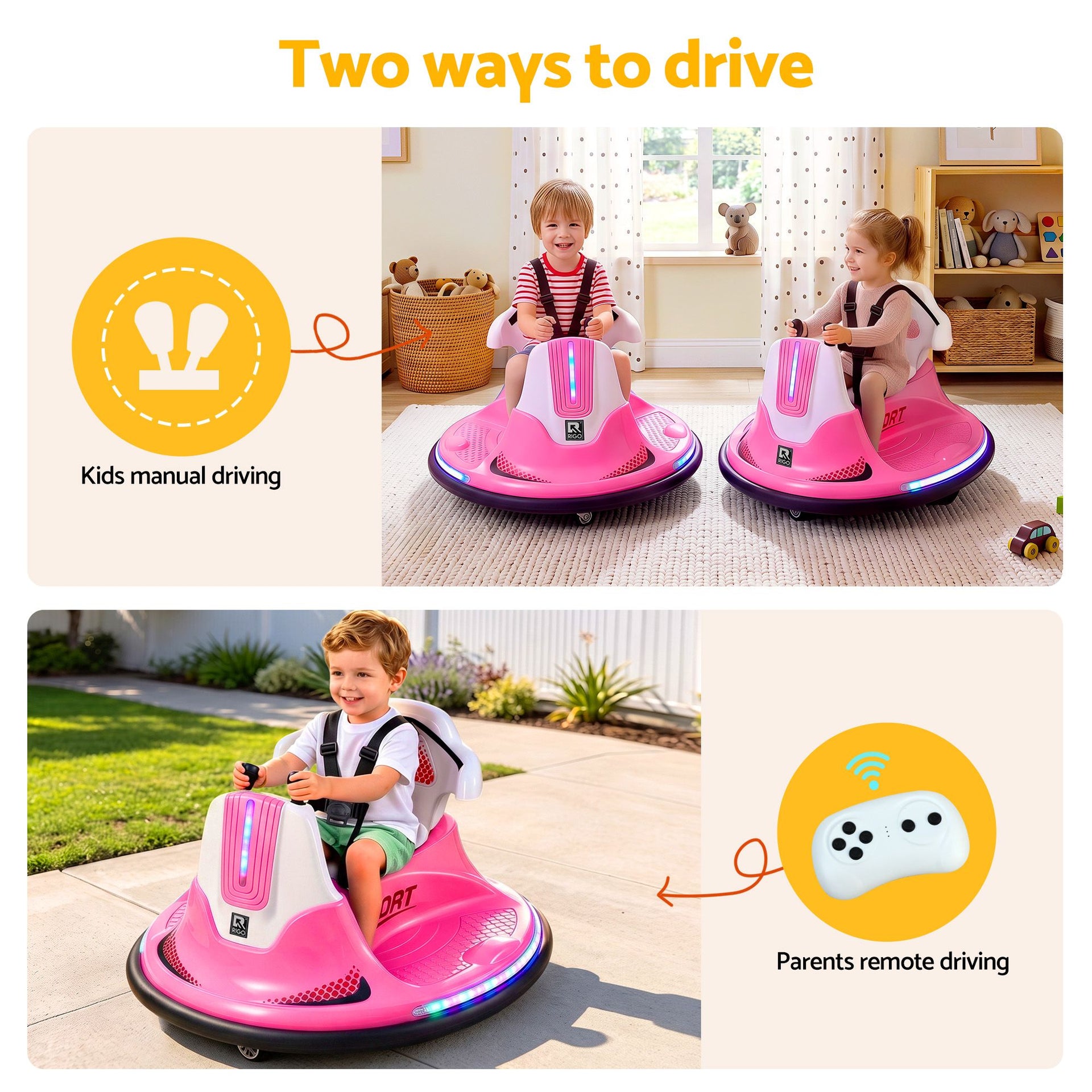 Rigo Ride on Cars Kids Bumper 12V Ride on Toy Toddler Remote Control Pink Awezingly