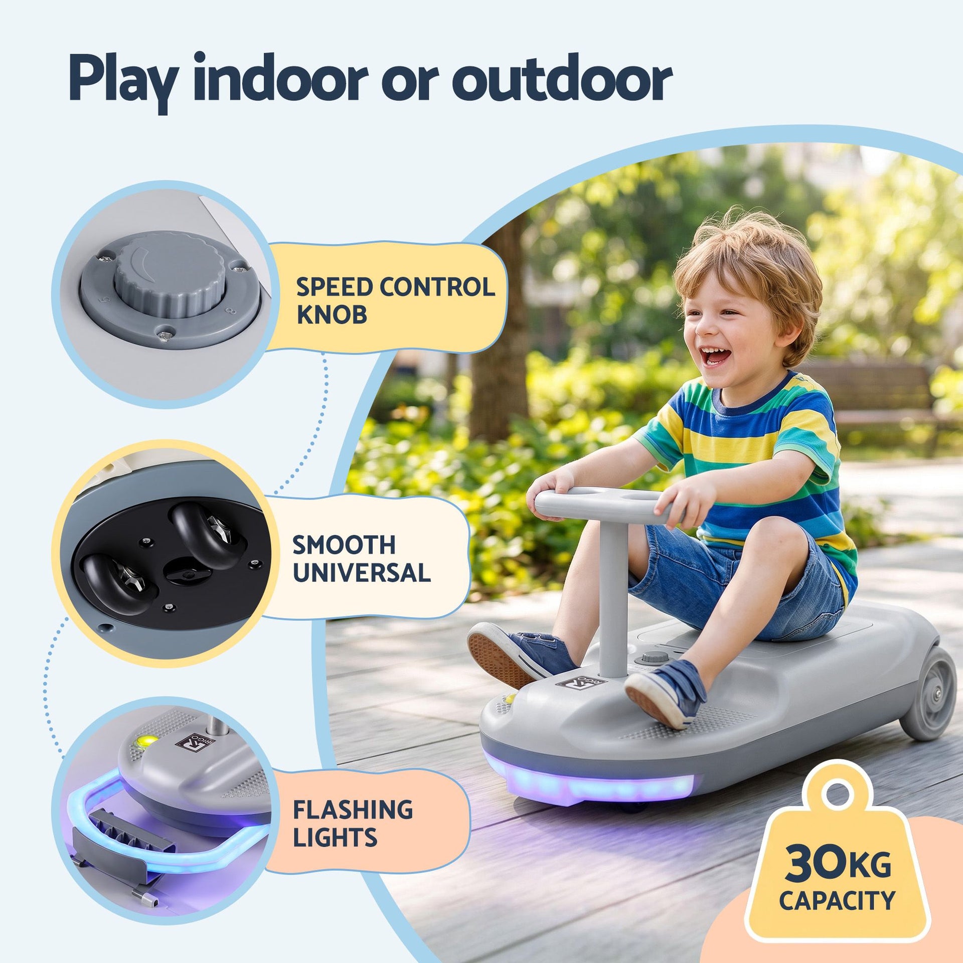 Rigo Ride on Car with Mop Storage Space Kids Clean Car 12V 86cm Grey Awezingly