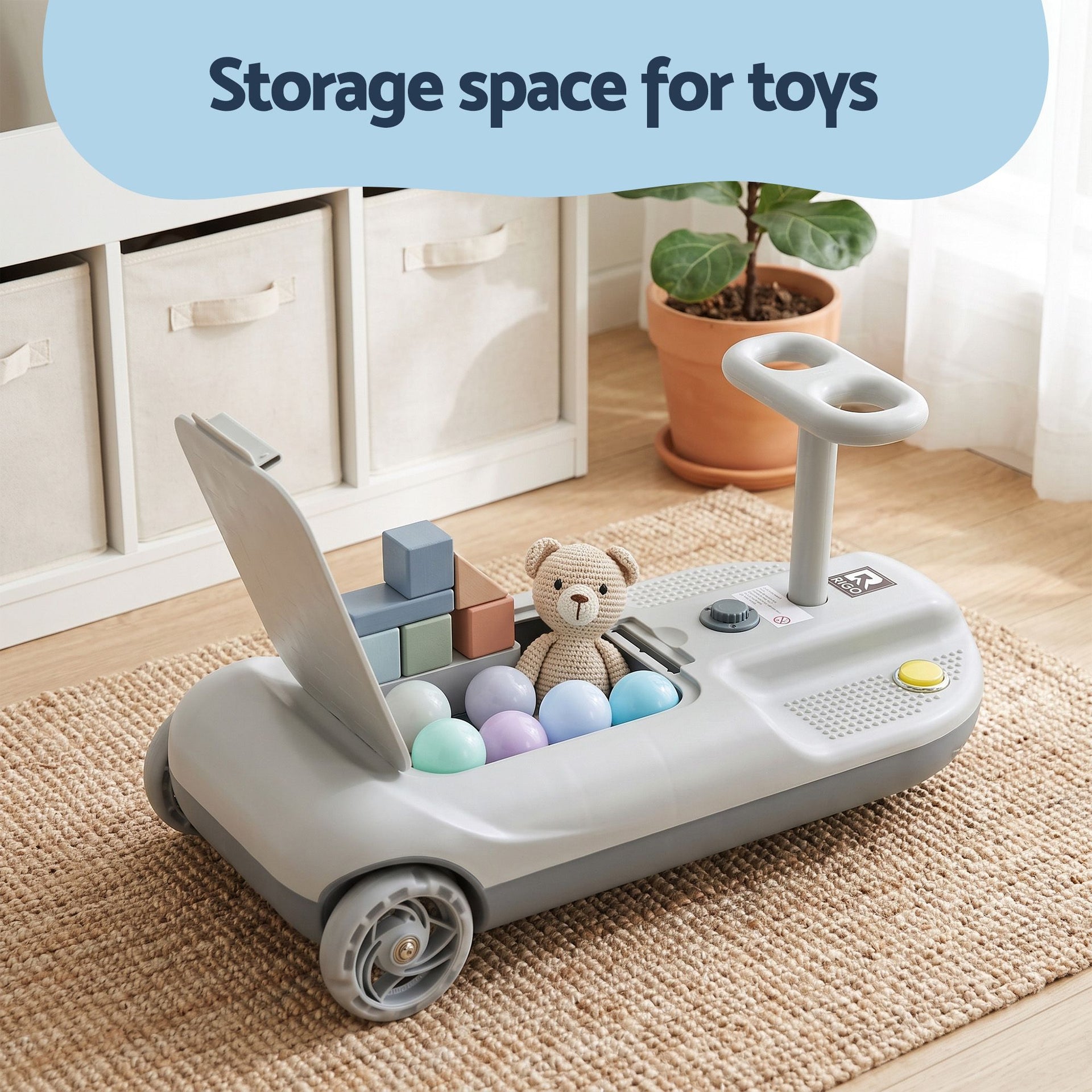 Rigo Ride on Car with Mop Storage Space Kids Clean Car 12V 86cm Grey Awezingly
