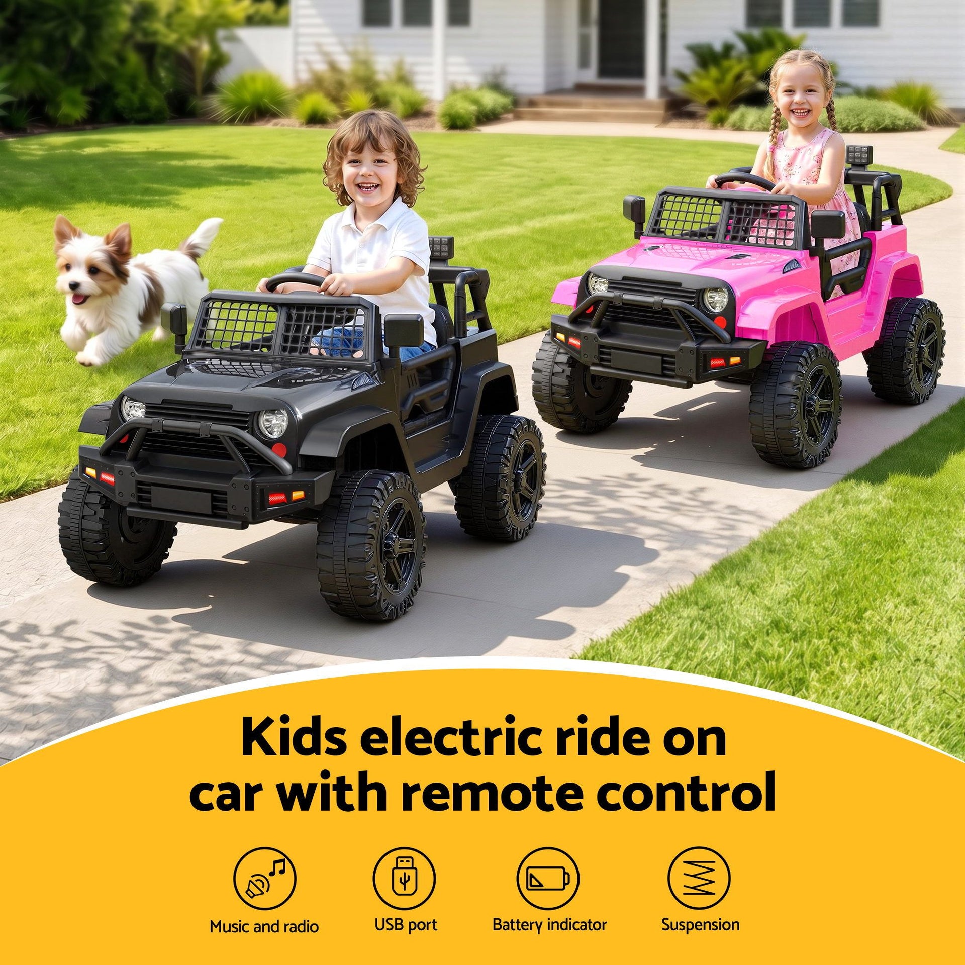 2x Rigo Electric Kids Ride On Car Black Pink Off-Road Ride-On Toy with Remote Control Horn Music Rigo