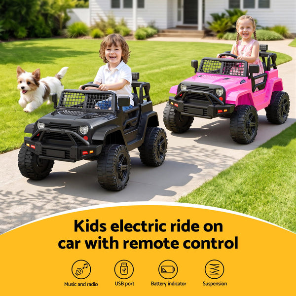 2x Rigo Electric Kids Ride On Car Black Pink Off-Road Ride-On Toy with Remote Control Horn Music Rigo