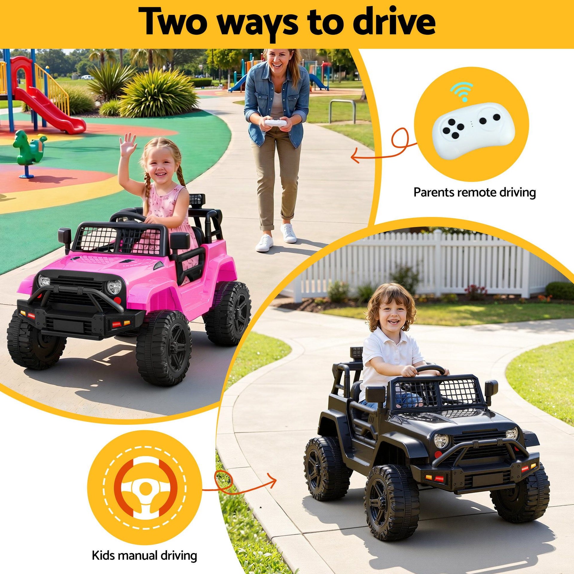 2x Rigo Electric Kids Ride On Car Black Pink Off-Road Ride-On Toy with Remote Control Horn Music Rigo