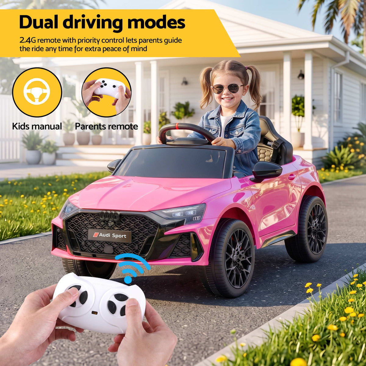 Ride On Car Licensed Audi RS3 Car for Kids 12V Remote Control Pink Awezingly