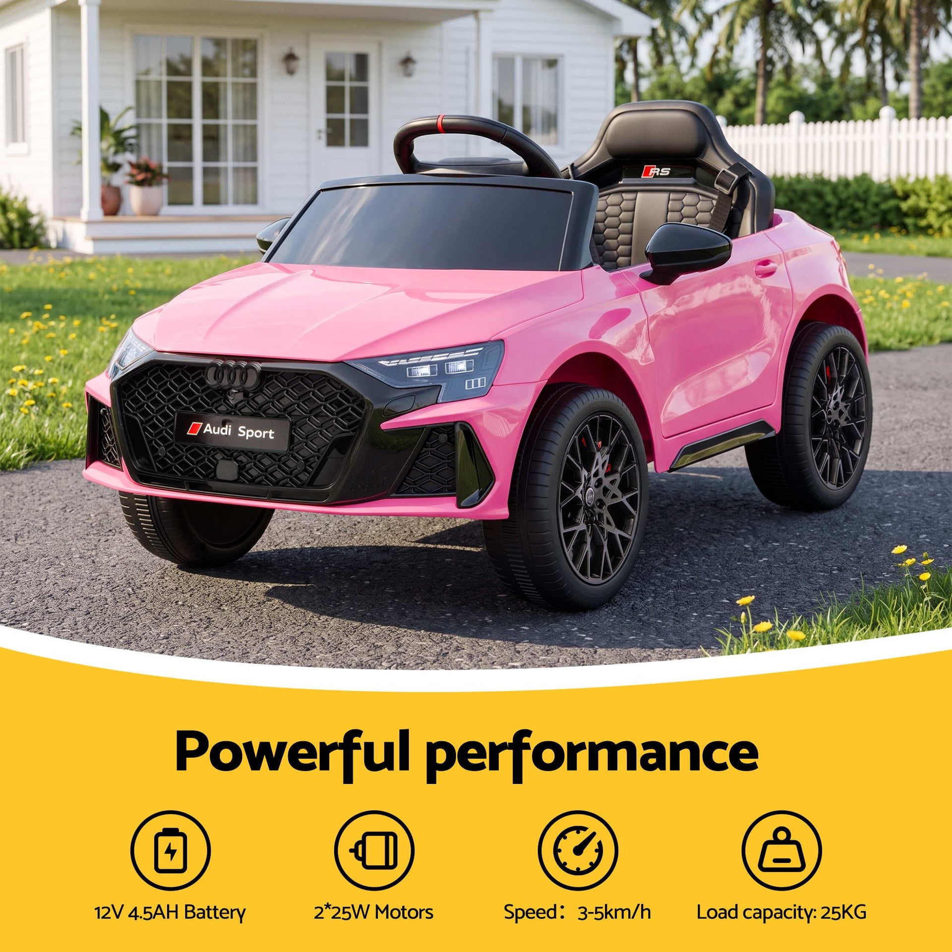 Ride On Car Licensed Audi RS3 Car for Kids 12V Remote Control Pink Awezingly
