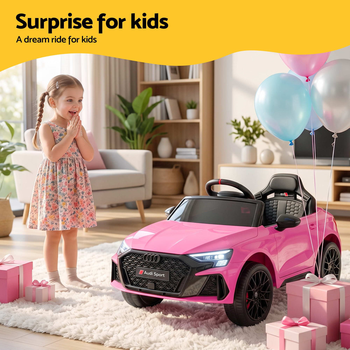 Ride On Car Licensed Audi RS3 Car for Kids 12V Remote Control Pink Awezingly