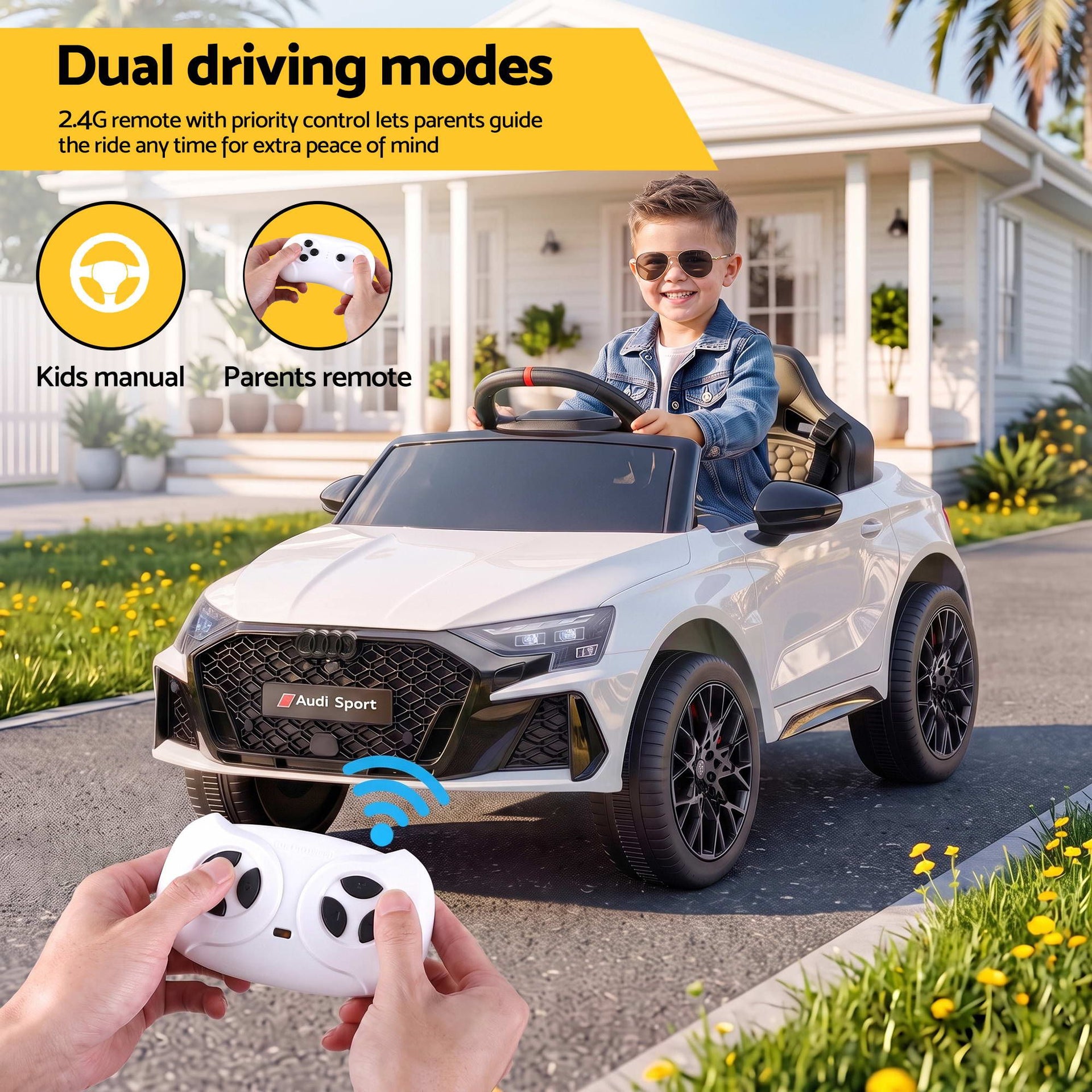 Ride On Car Licensed Audi RS3 Car for Kids 12V Remote Control White Awezingly
