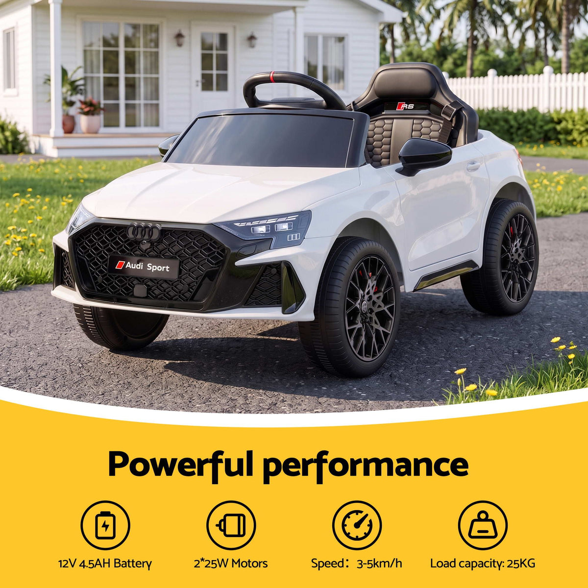 Ride On Car Licensed Audi RS3 Car for Kids 12V Remote Control White Awezingly