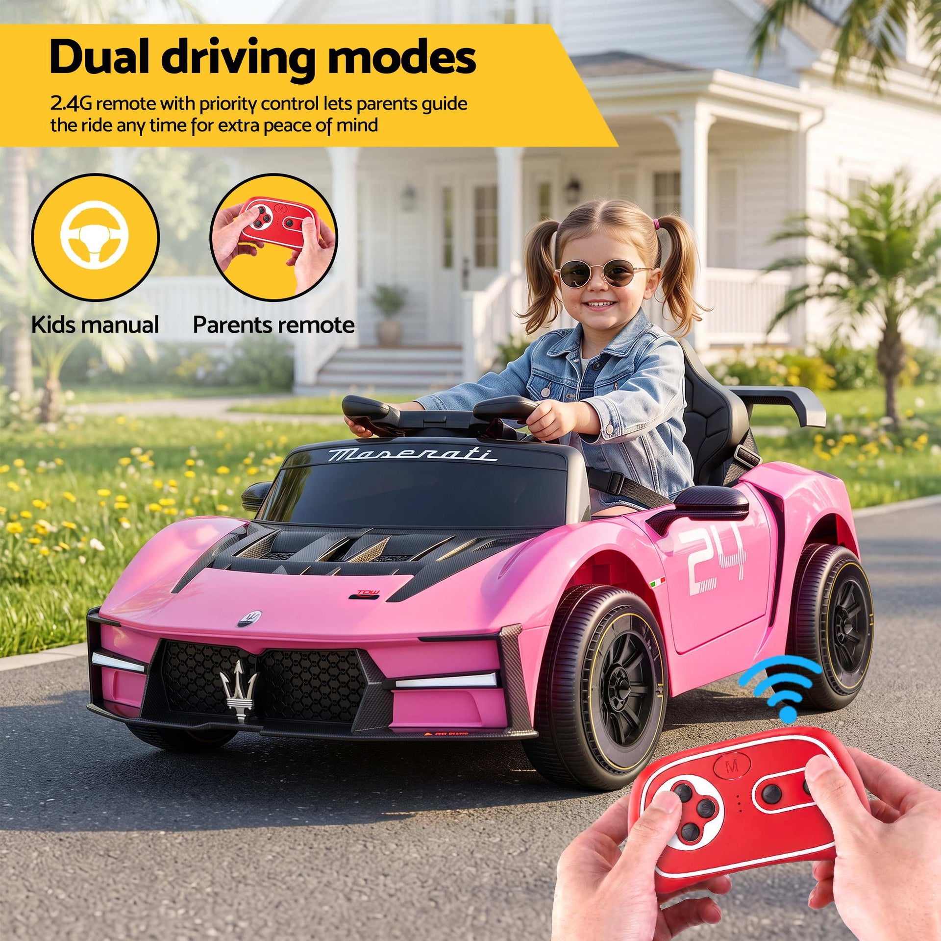 Ride On Car Maserati Licensed MCXtrema Car for Kids 12V Remote Control Pink Awezingly