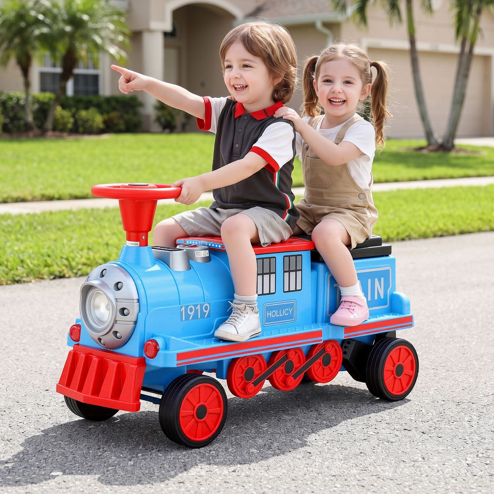 Rigo Kids Ride on Car Train 12V Electric Toy 2 Seaters Storage 87cm Blue Awezingly