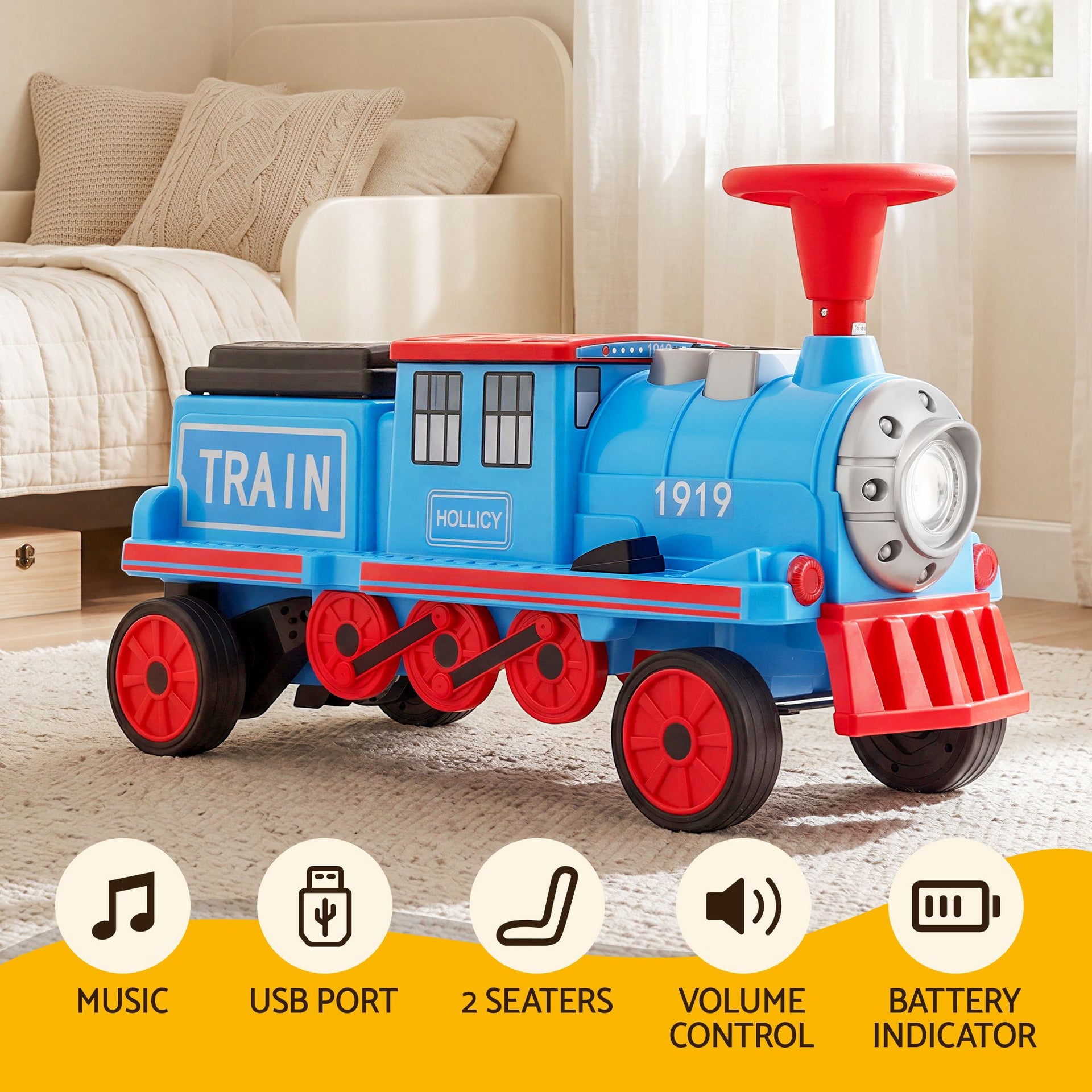 Rigo Kids Ride on Car Train 12V Electric Toy 2 Seaters Storage 87cm Blue Awezingly