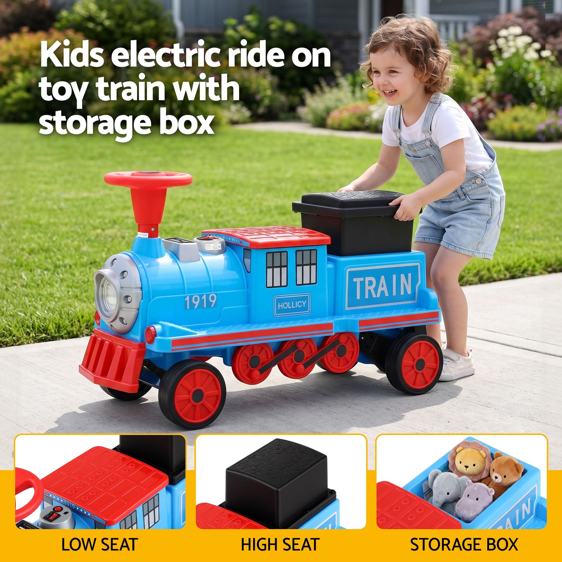 Rigo Kids Ride on Car Train 12V Electric Toy 2 Seaters Storage 87cm Blue Awezingly