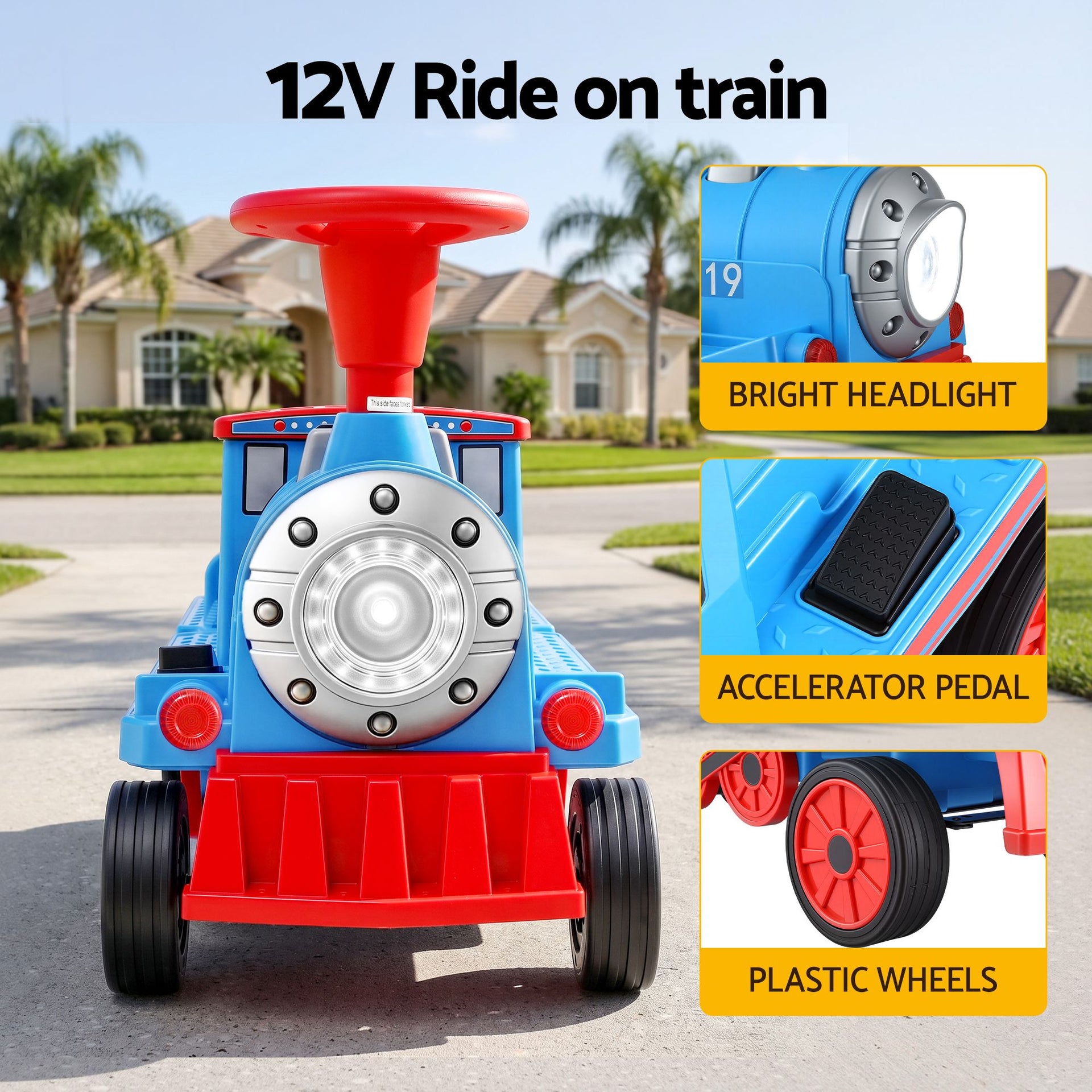 Rigo Kids Ride on Car Train 12V Electric Toy 2 Seaters Storage 87cm Blue Awezingly