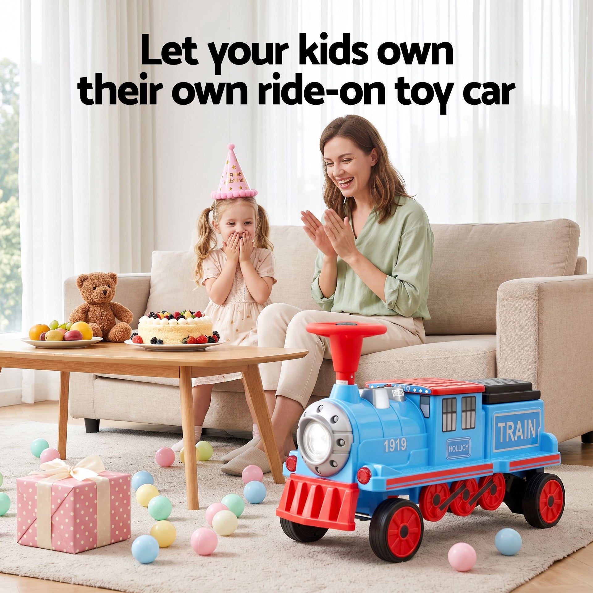 Rigo Kids Ride on Car Train 12V Electric Toy 2 Seaters Storage 87cm Blue Awezingly