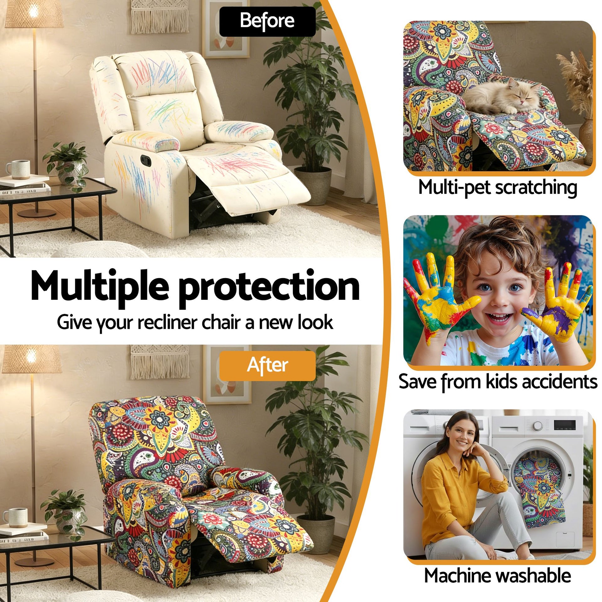 Artiss Stretch Kids Recliner Cover 4-Pieces Recliner Chair Slipcovers Printed Polyester Awezingly