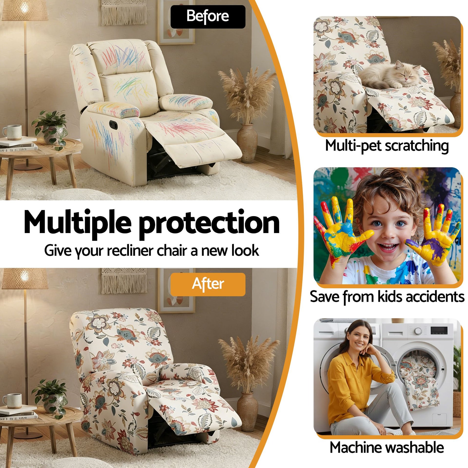 Artiss Stretch Kids Recliner Cover 4-Pieces Recliner Chair Slipcovers Printed Polyester Awezingly