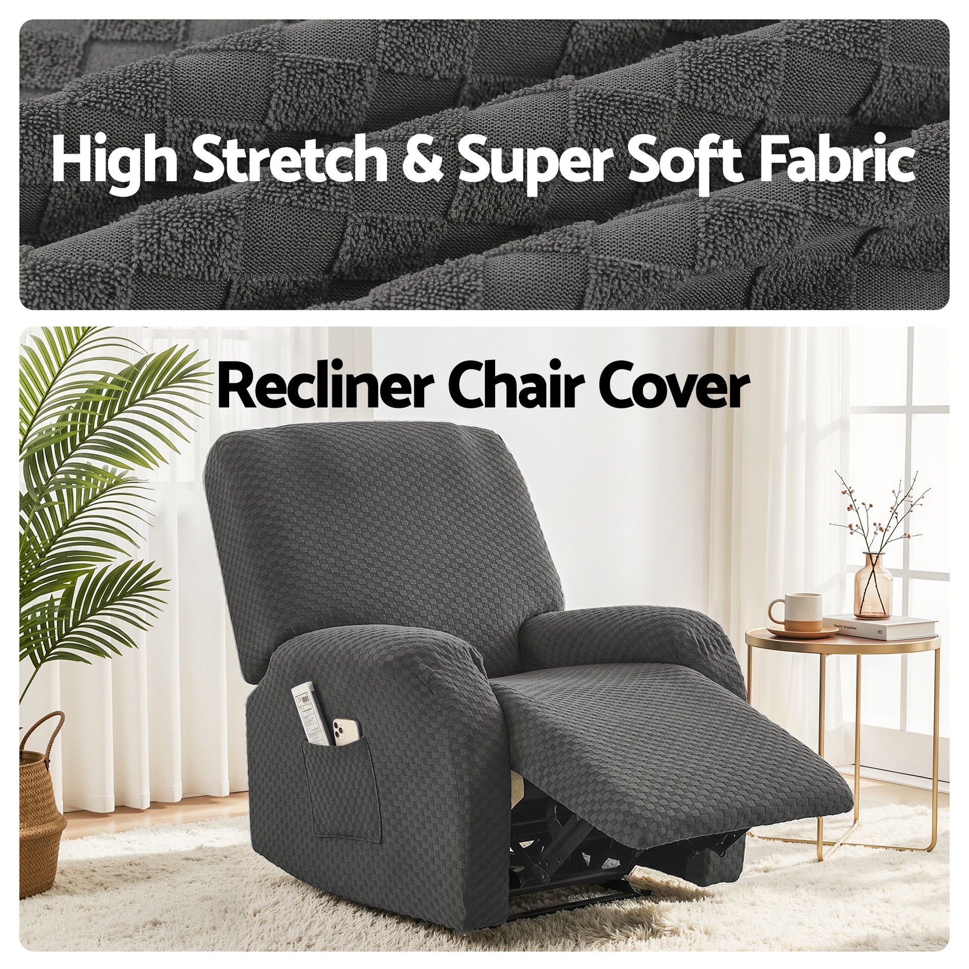 Artiss Recliner Chair Covers with Storage Side Pockets Grey Fabric Awezingly