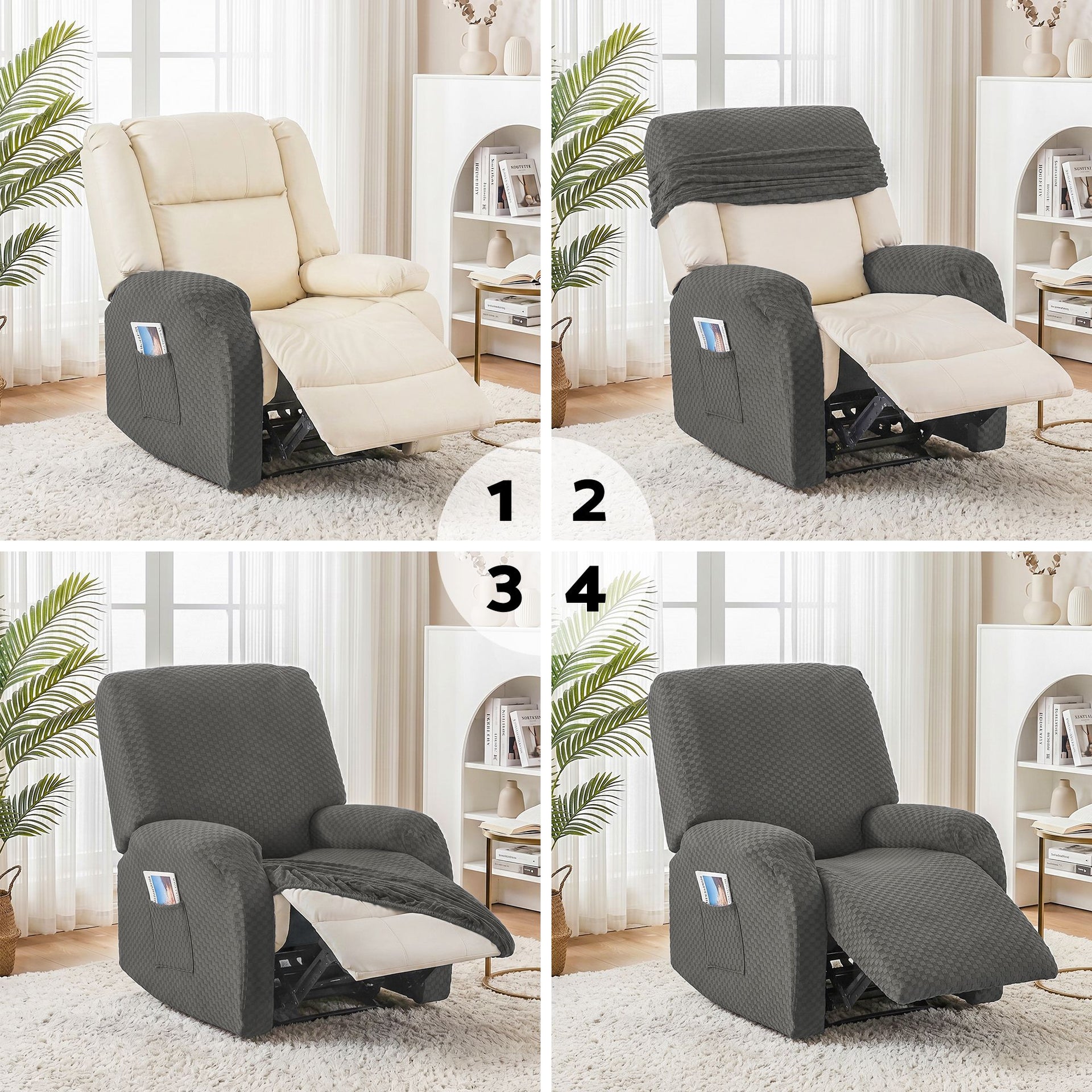 Artiss Recliner Chair Covers with Storage Side Pockets Grey Fabric Awezingly