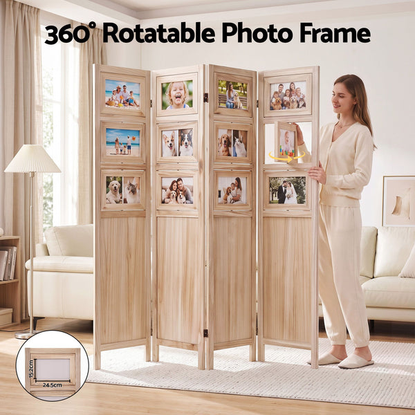 Artiss Room Divider 4 Panel Folding Privacy Screen Partition Rotatable Photo Frame Picture Collage Display Solid Wood Natural Awezingly