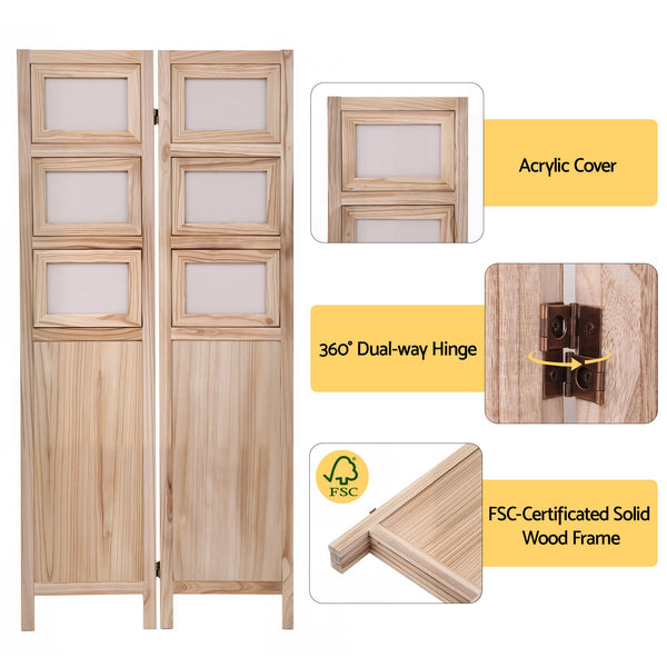 Artiss Room Divider 4 Panel Folding Privacy Screen Partition Rotatable Photo Frame Picture Collage Display Solid Wood Natural Awezingly