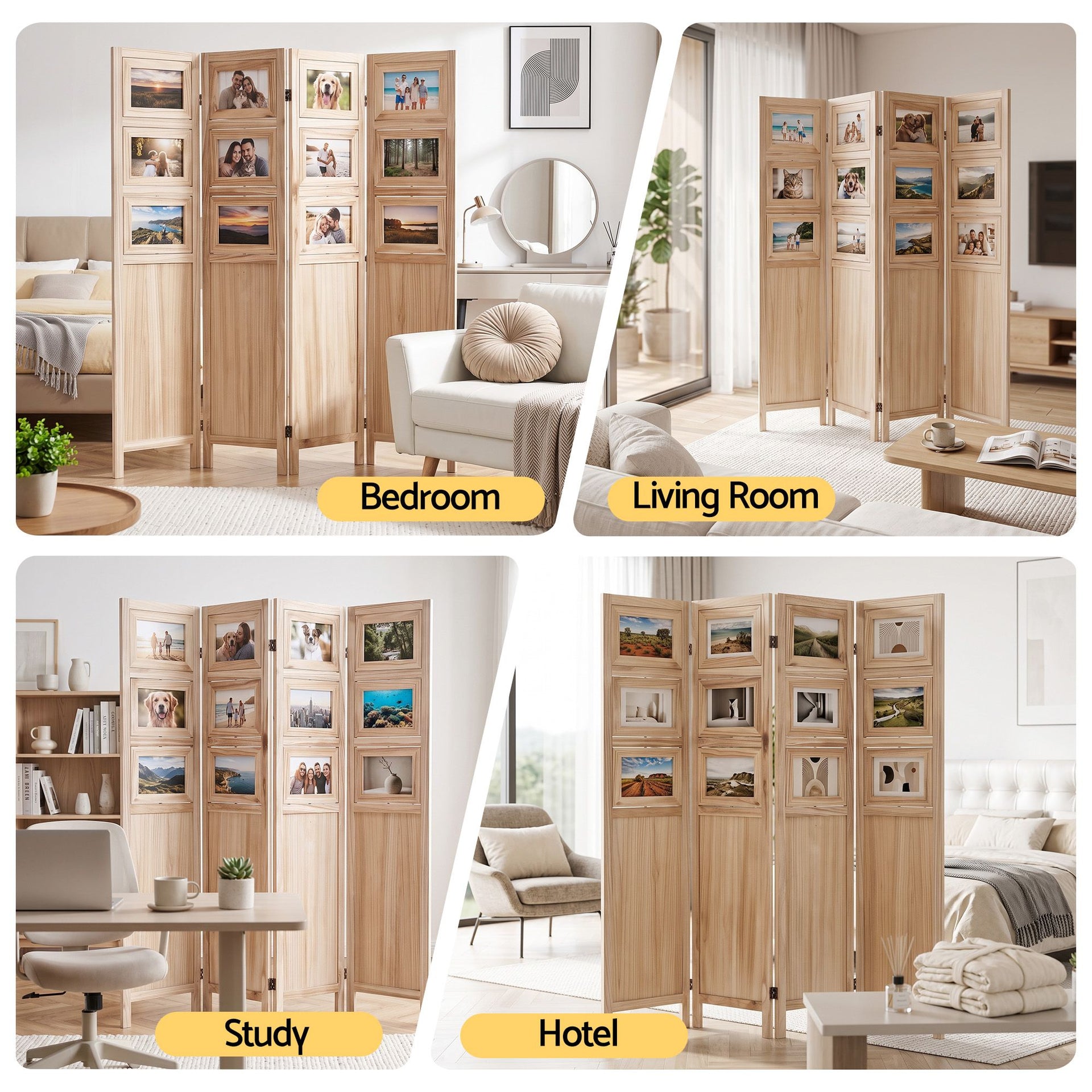 Artiss Room Divider 4 Panel Folding Privacy Screen Partition Rotatable Photo Frame Picture Collage Display Solid Wood Natural Awezingly
