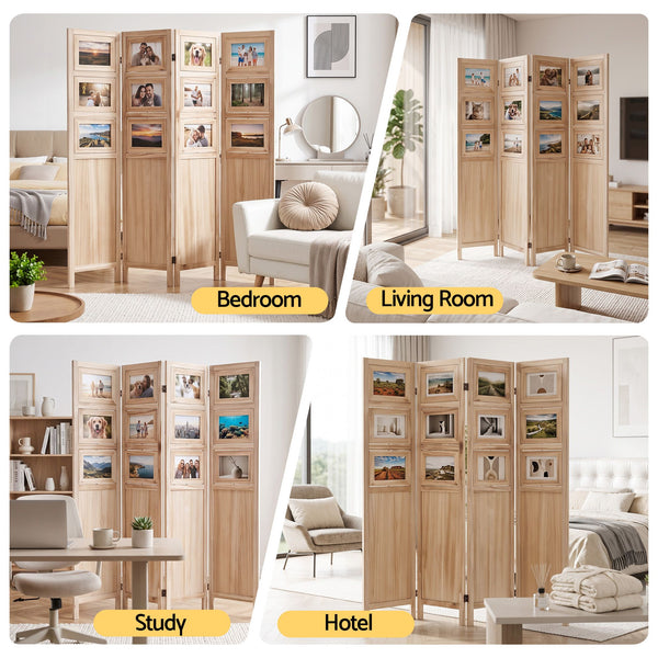 Artiss Room Divider 4 Panel Folding Privacy Screen Partition Rotatable Photo Frame Picture Collage Display Solid Wood Natural Awezingly