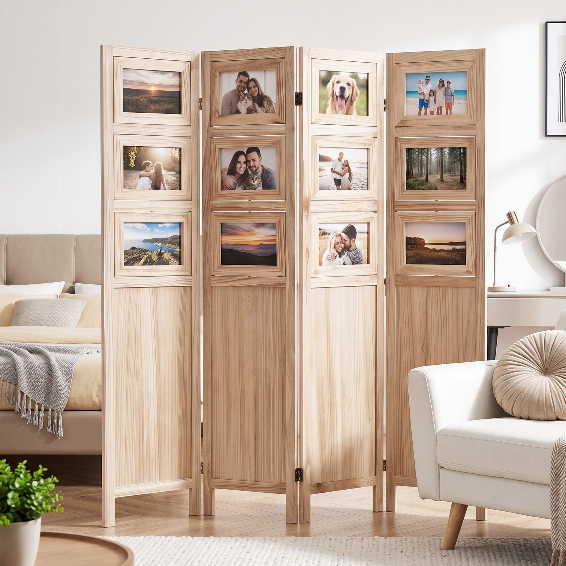 Artiss Room Divider 4 Panel Folding Privacy Screen Partition Rotatable Photo Frame Picture Collage Display Solid Wood Natural Awezingly