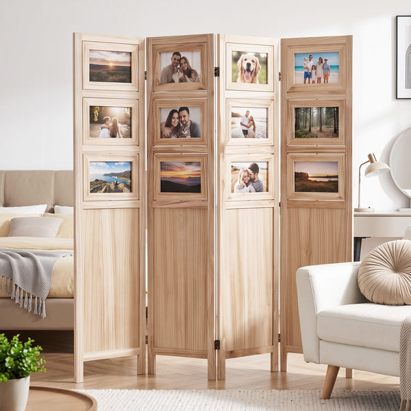 Artiss Room Divider 4 Panel Folding Privacy Screen Partition Rotatable Photo Frame Picture Collage Display Solid Wood Natural Awezingly