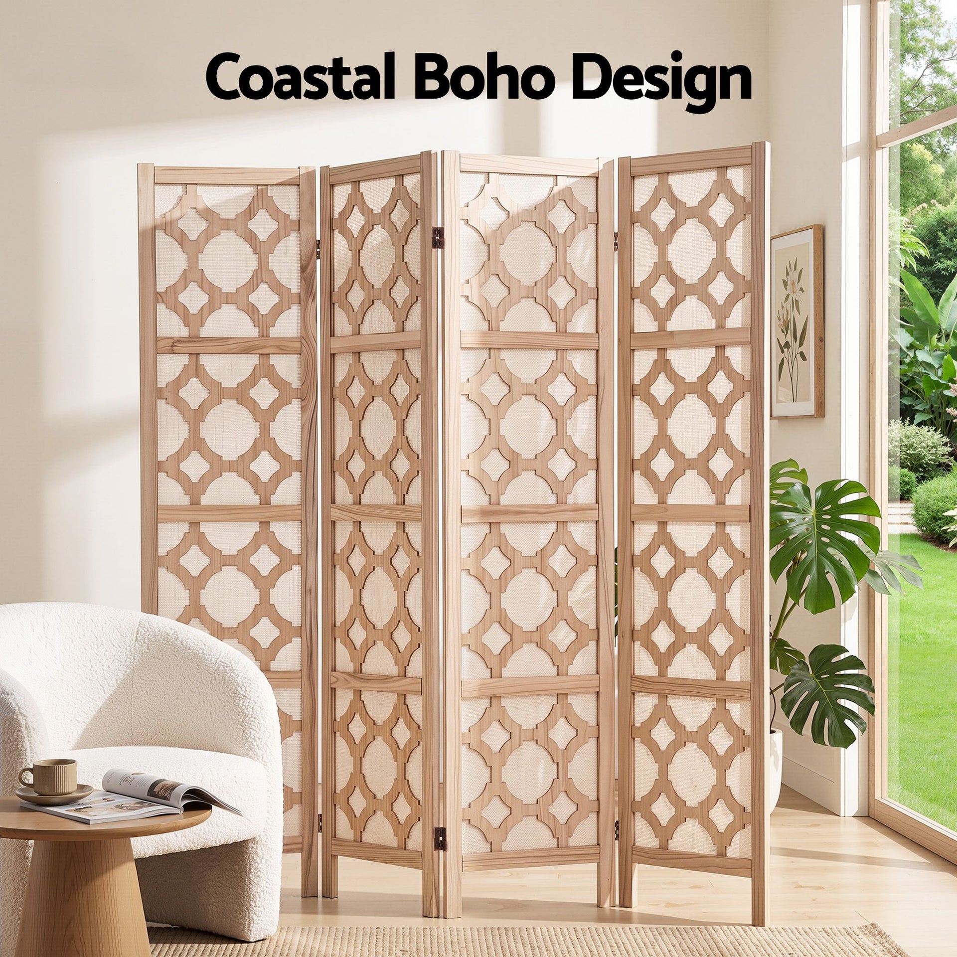 Artiss 4 Panel Room Divider Folding Privacy Screen Wooden Partition Geometric Freestanding Separator Natural 170cm Awezingly